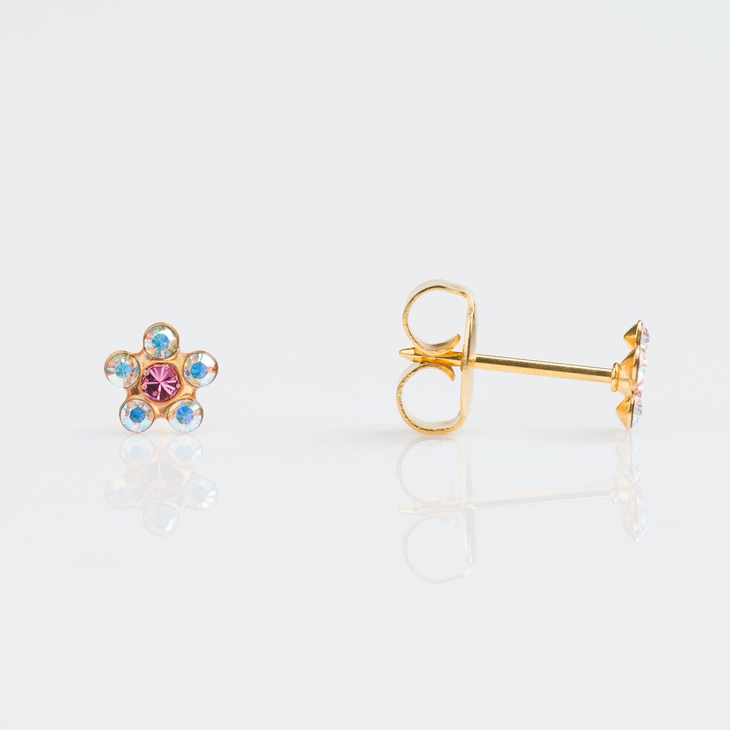 Aros Studex Sensitive Kids -  Flor Rosa & Iridiscente 5mm - Bañado en Oro