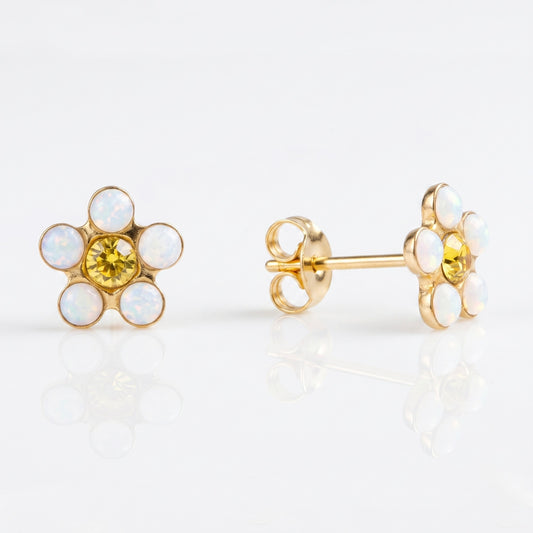 Aros Studex Sensitive -  Flor Blanco y Amarillo 5mm - Bañado en Oro